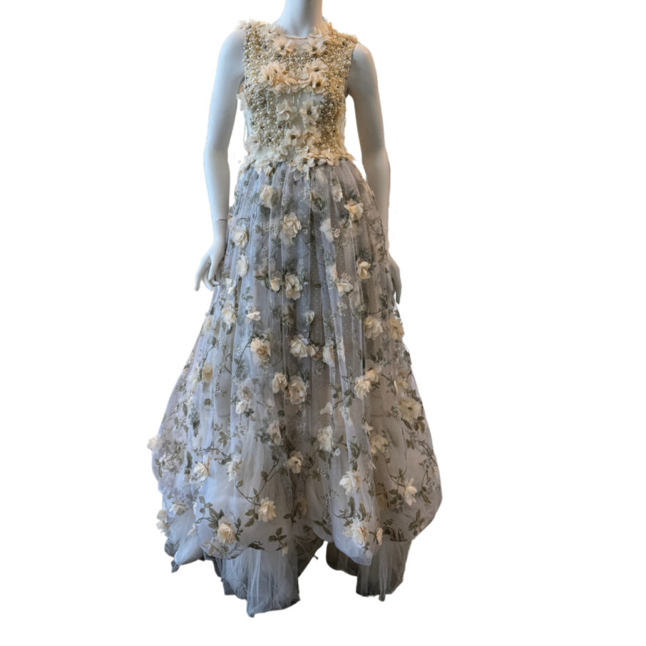 Cream Floral Tulle Gown w/Cape