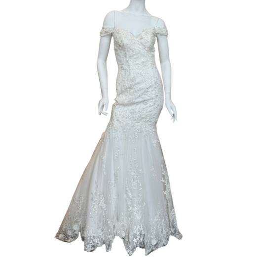 White Mermaid Gown w/Beaded & Sequin Floral Embroidery