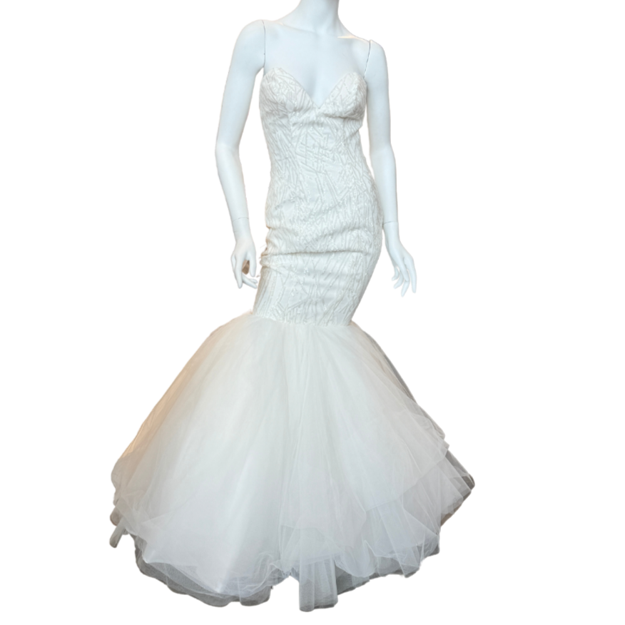 White Geometric Sequin Strapless Mermaid Gown