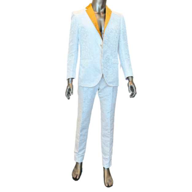 White Floral Suit w/Gold Lapel