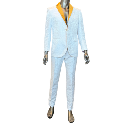 White Floral Suit w/Gold Lapel