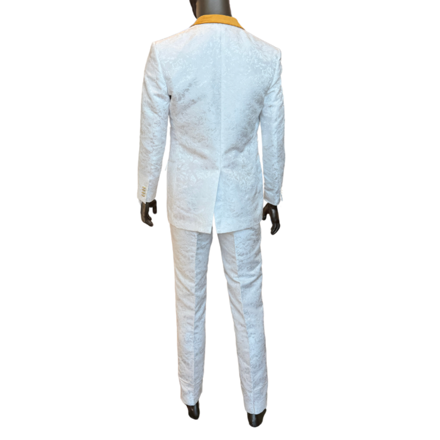 White Floral Suit w/Gold Lapel