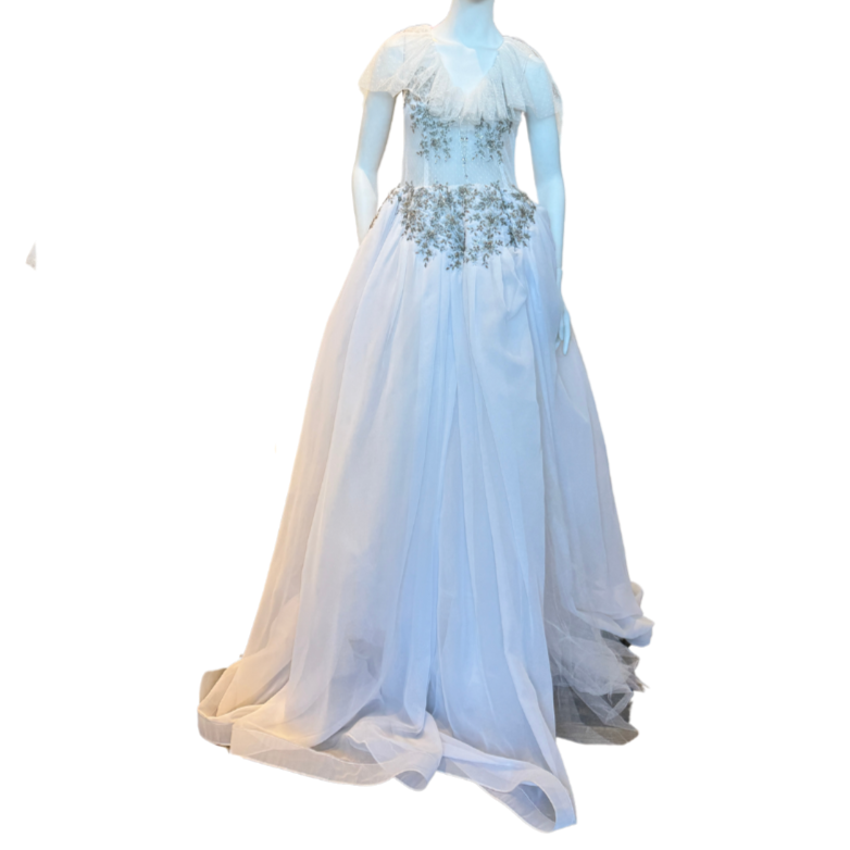 White Tulle Ruffle Ballgown w/Rhinestone Appliqués