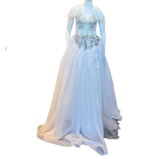 White Tulle Ruffle Ballgown w/Rhinestone Appliqués