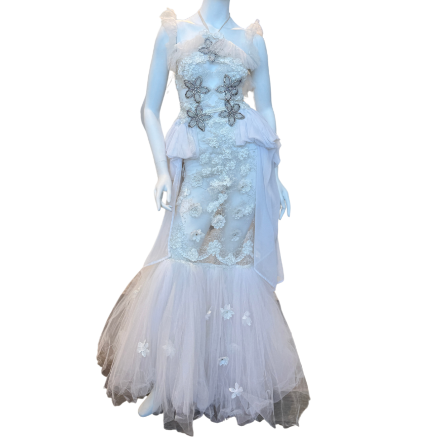 White Sheer Floral Ruffled Mermaid Gown w/Rhinestones