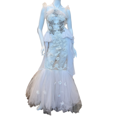 White Sheer Floral Ruffled Mermaid Gown w/Rhinestones