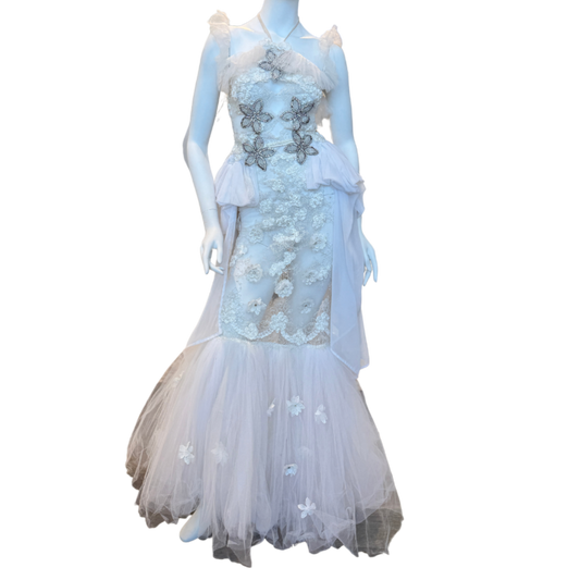 White Sheer Floral Ruffled Mermaid Gown w/Rhinestones