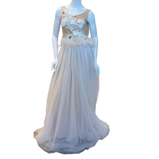 White/Nude Tulle Gown w/Floral Appliqués