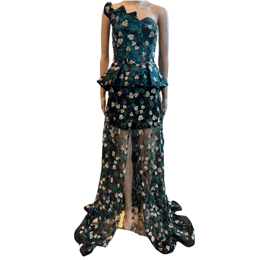 Teal Floral Strapless Peplum Dress