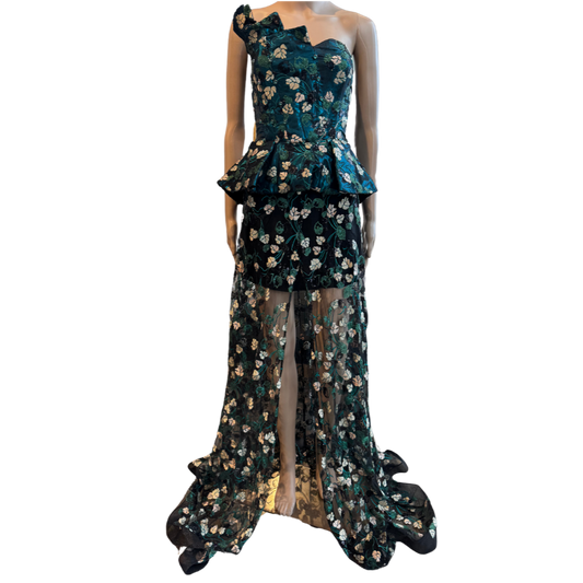 Teal Floral Strapless Peplum Dress