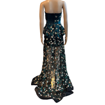 Teal Floral Strapless Peplum Dress