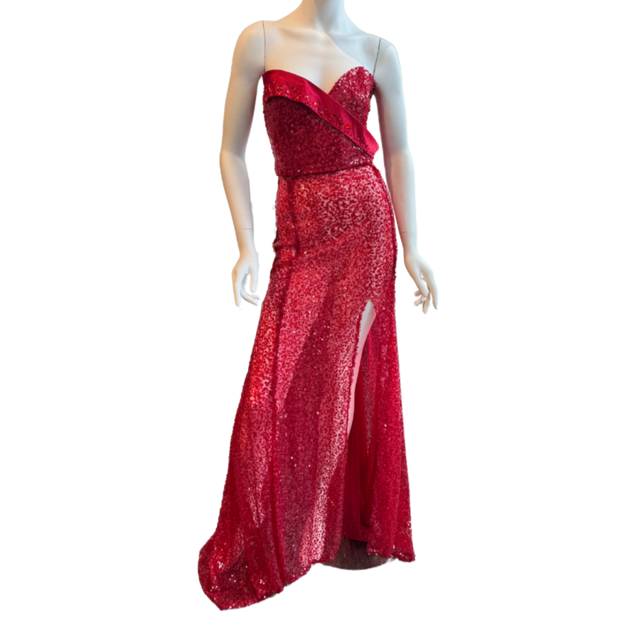 Red Sequin Strapless Gown