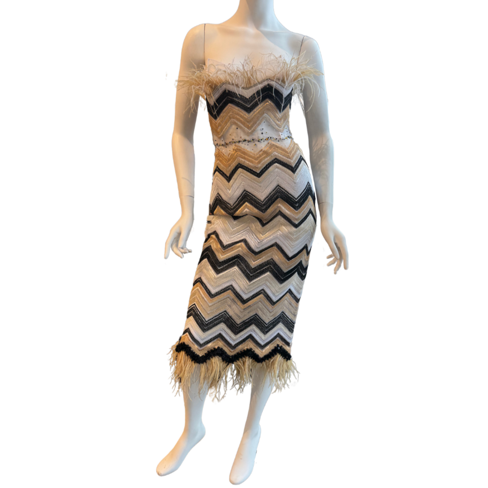 Chevron Sheath Cocktail Dress w/Feathers