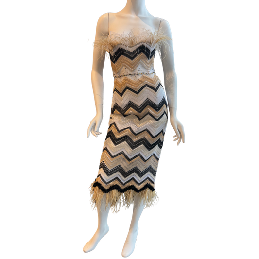 Chevron Sheath Cocktail Dress w/Feathers