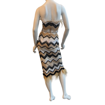 Chevron Sheath Cocktail Dress w/Feathers