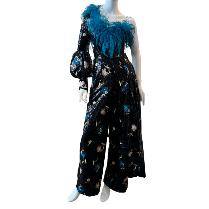 Sequin Floral Jumpsuit w/Teal Feathers