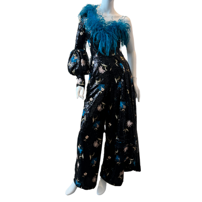 Sequin Floral Jumpsuit w/Teal Feathers