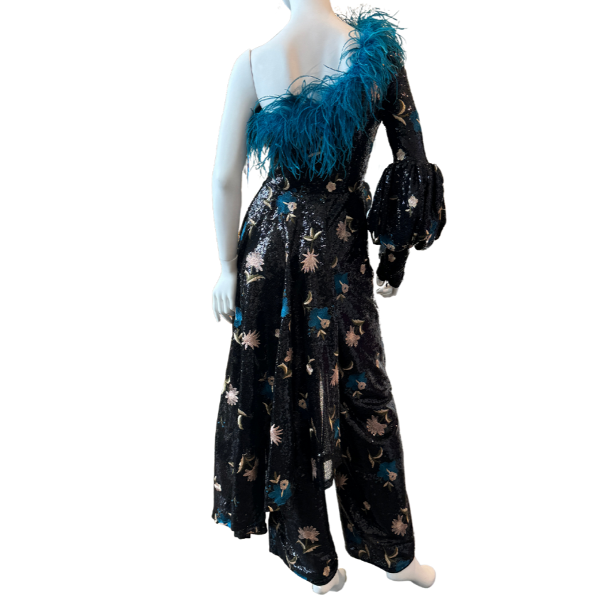 Sequin Floral Jumpsuit w/Teal Feathers