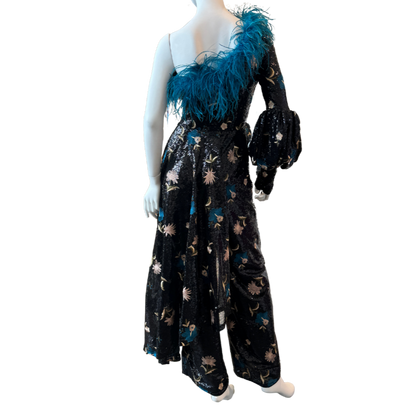 Sequin Floral Jumpsuit w/Teal Feathers