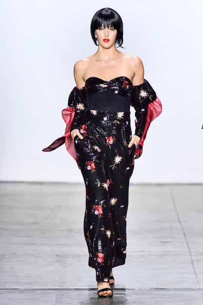 Black Floral Sequin Long Sleeve Jumpsuit
