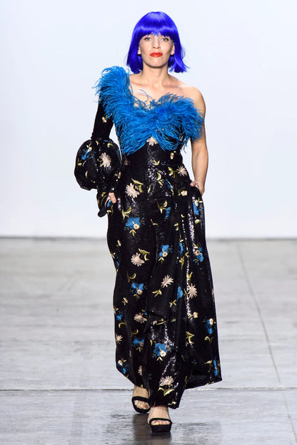Sequin Floral Jumpsuit w/Teal Feathers
