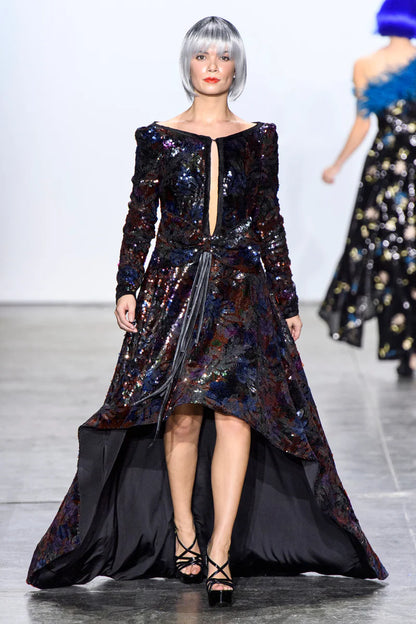 Black Sequin Long Sleeve Gown