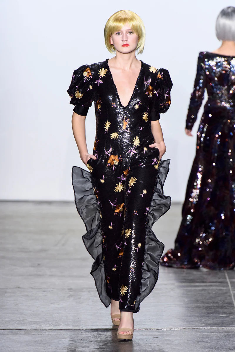 Black Sequin Jumpsuit w/Puff Sleeves