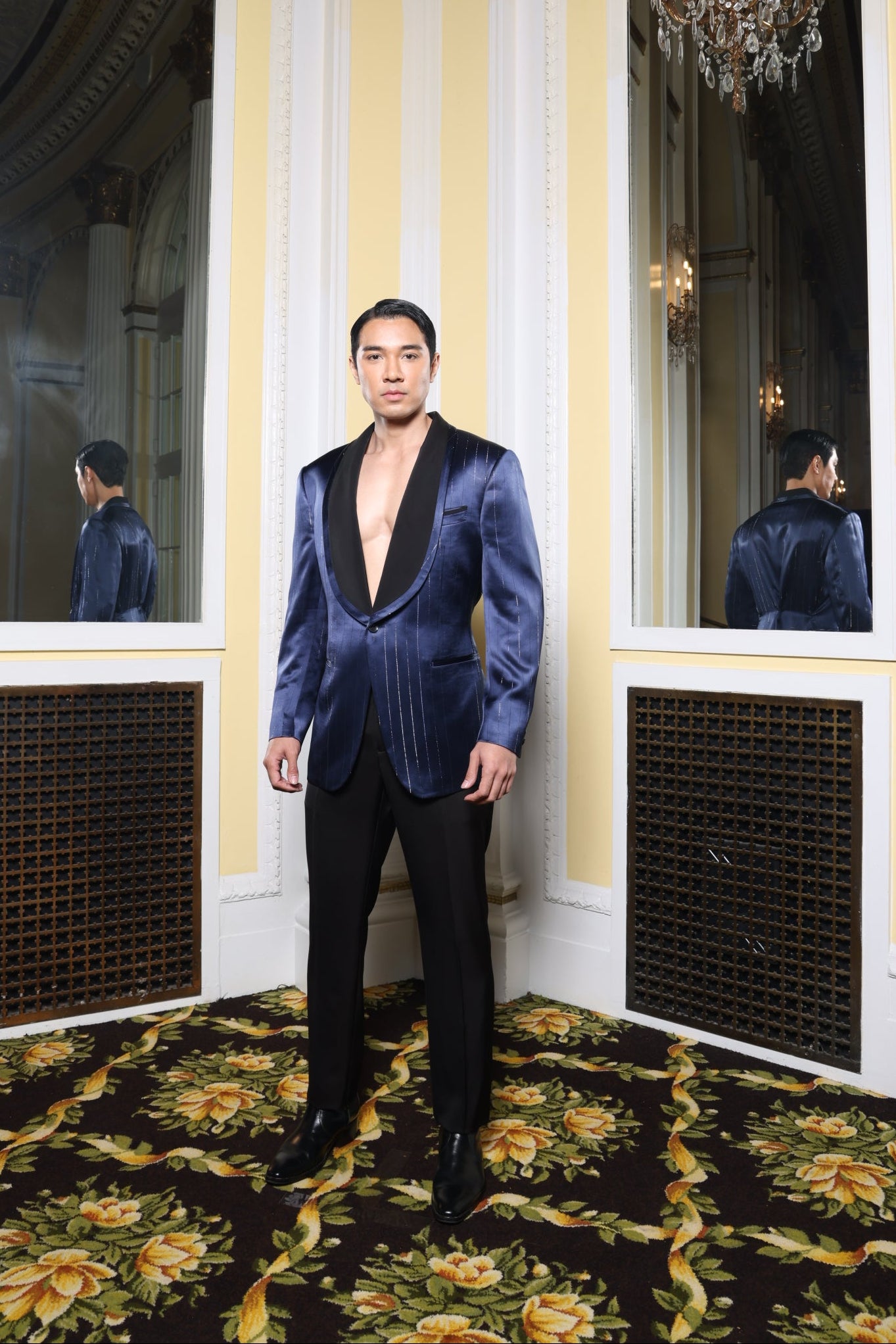 Blue Metallic Pinstriped & Black Suit