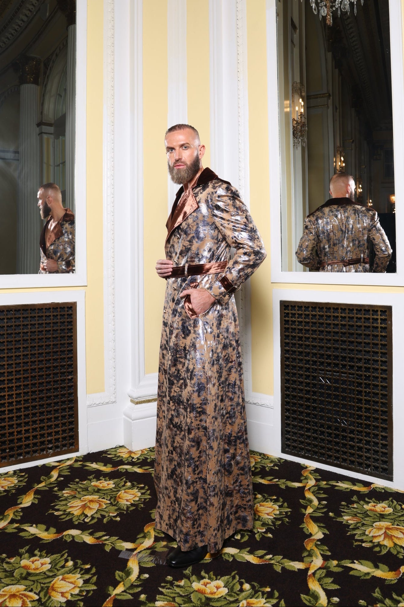 Abstract Metallic Print Belted Overcoat w/Copper Velvet Pants
