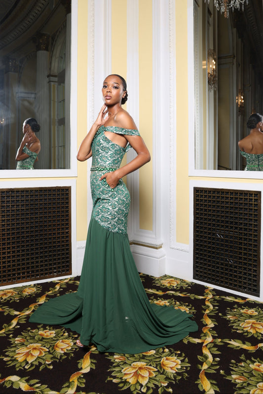 Green Lace Hi-Lo Strapless Dress