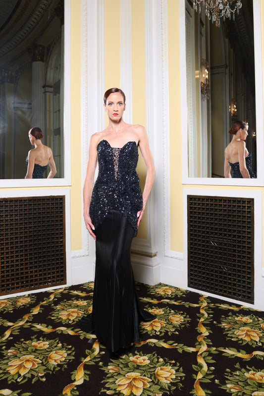 Dark Navy Strapless Beaded Silk Dress