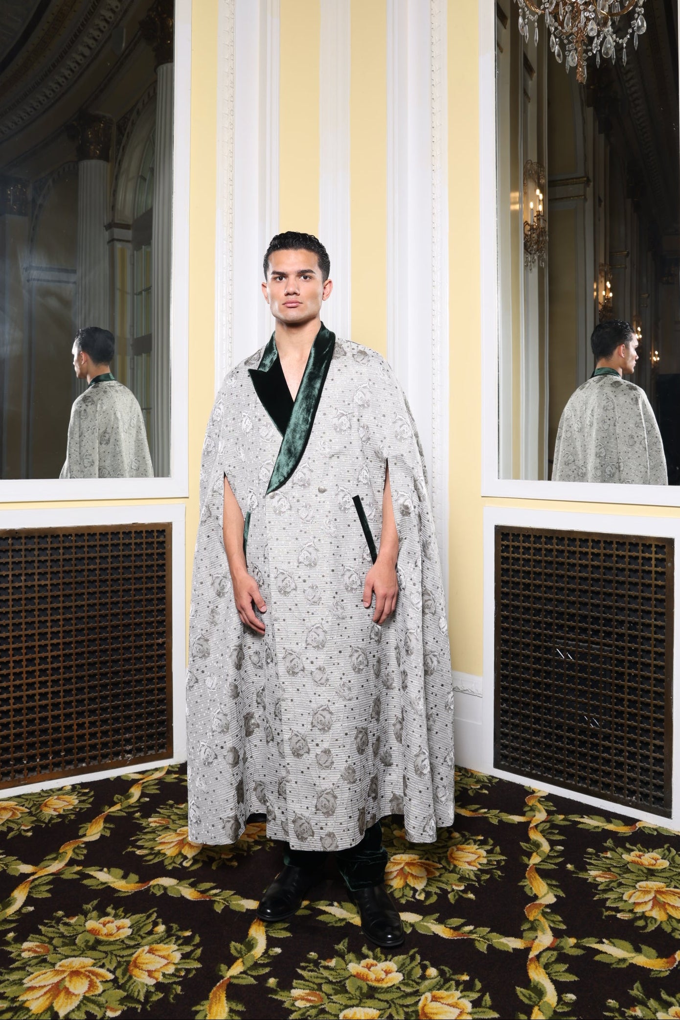 Silver Floral Cape w/Green Velvet Pants
