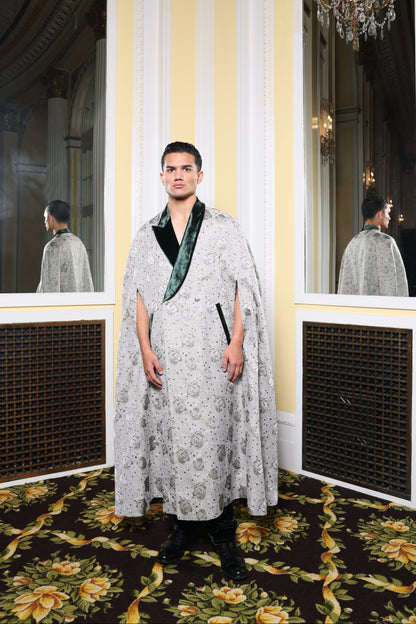 Silver Floral Cape w/Green Velvet Pants
