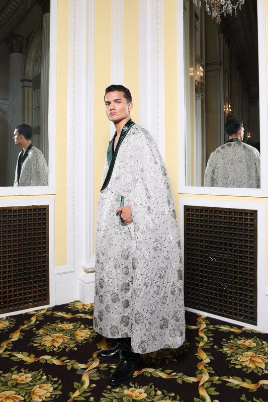 Silver Floral Cape w/Green Velvet Pants