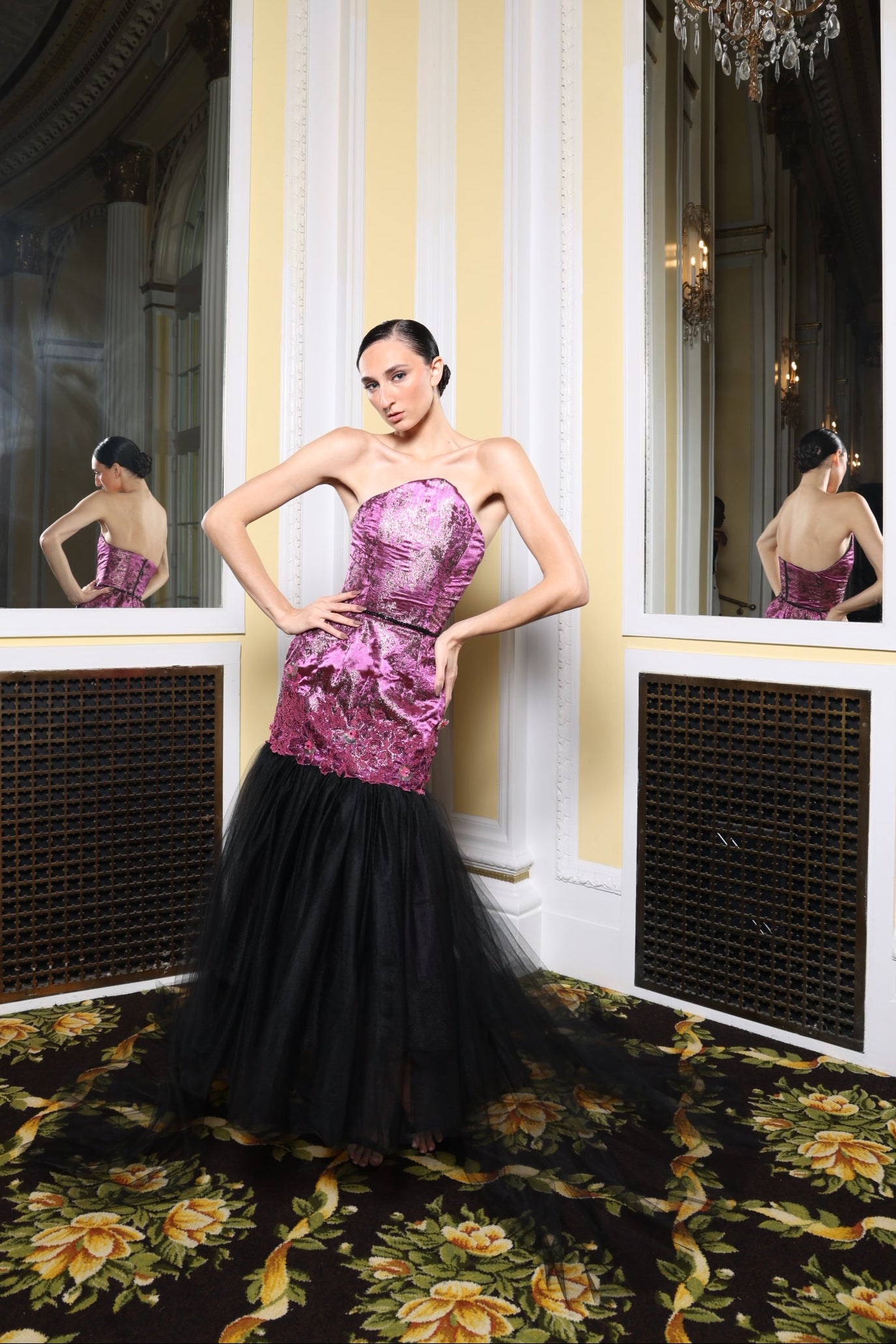 Metallic Pink/Black Tulle Strapless Dress