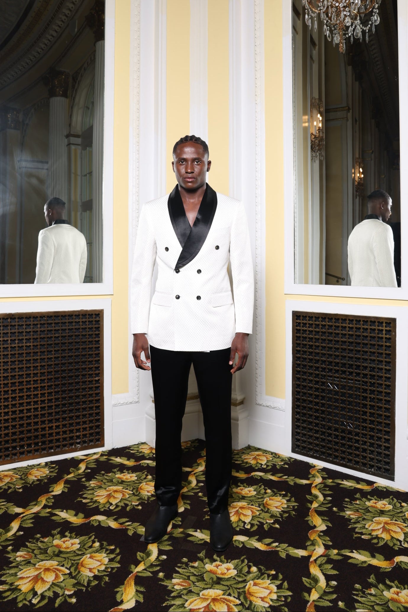 SOLD! White Textured & Black Satin Suit