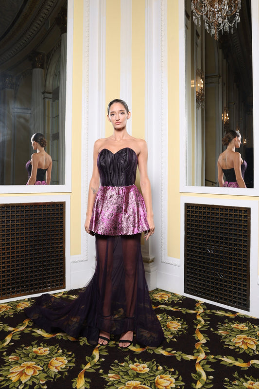 Pink/Black Strapless Peplum Dress