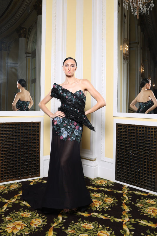 Black/Floral Asymmetrical Strapless Dress