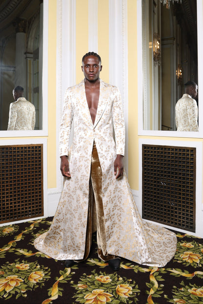 Ivory Floral Long Overcoat with Gold Velvet Pants