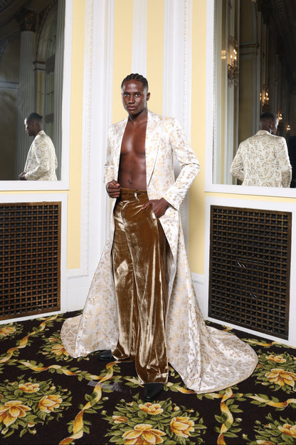 Ivory Floral Long Overcoat with Gold Velvet Pants