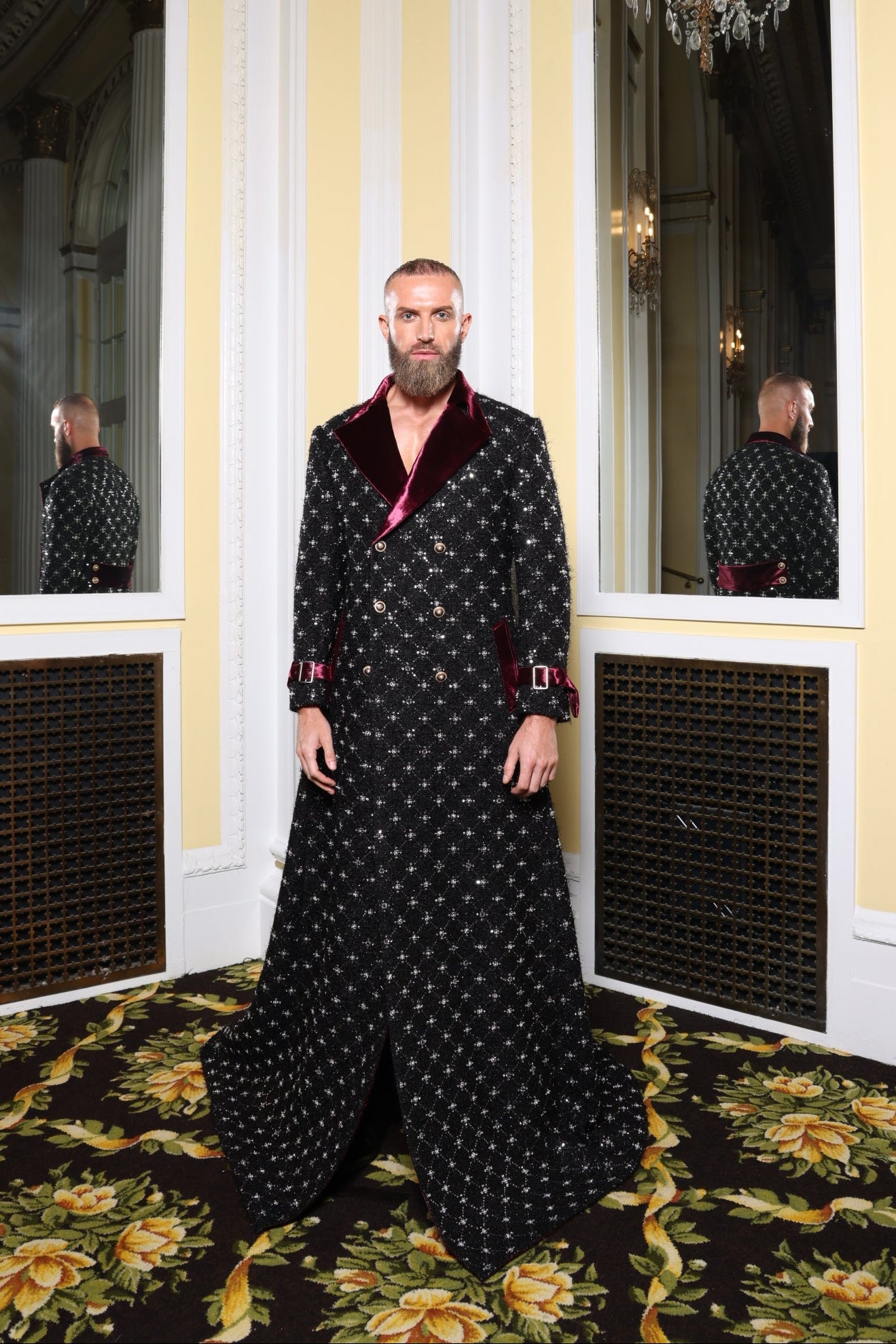 Black/Burgundy Velvet Overcoat Suit