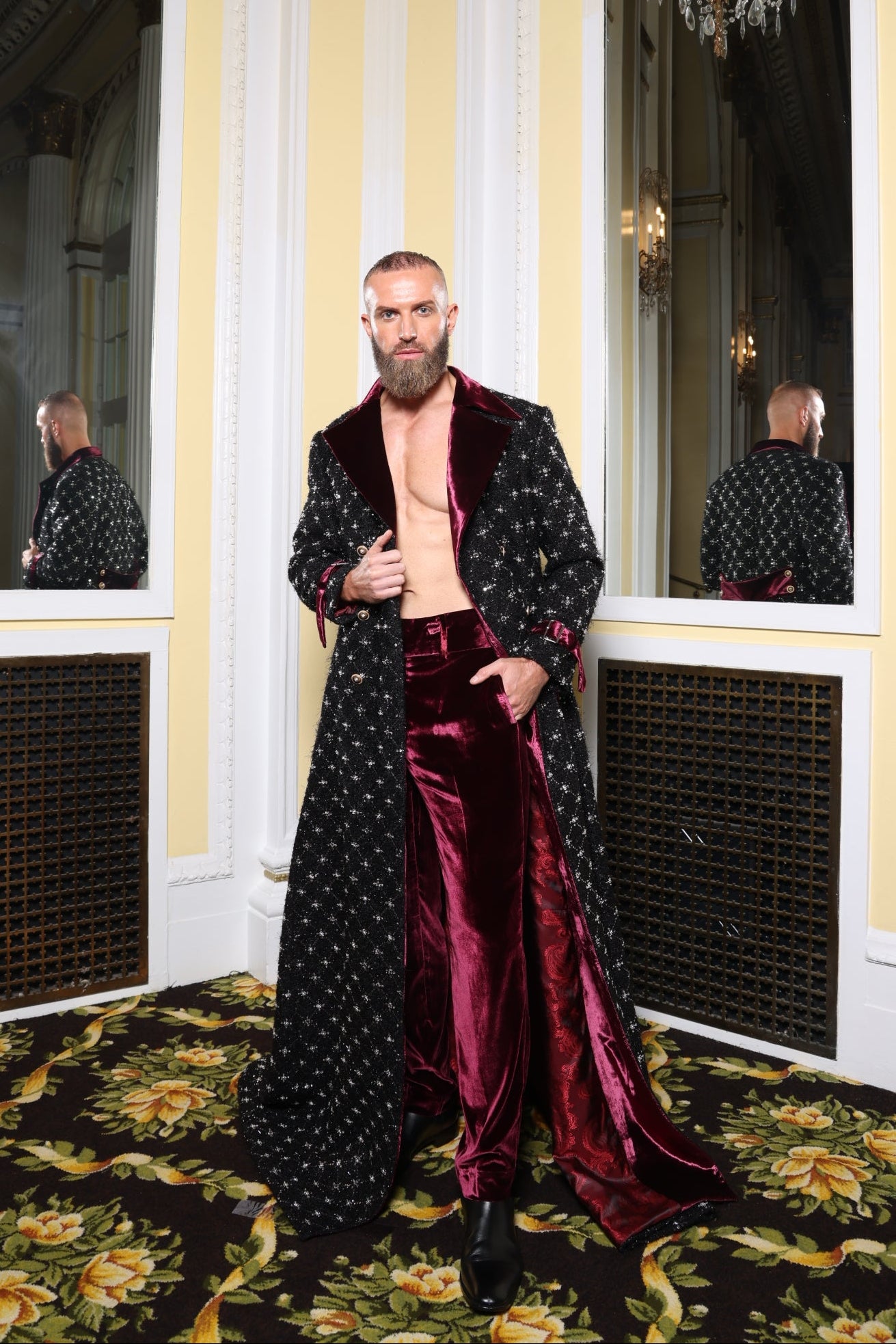 Black/Burgundy Velvet Overcoat Suit