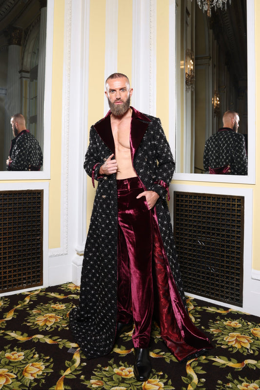 Black/Burgundy Velvet Overcoat Suit