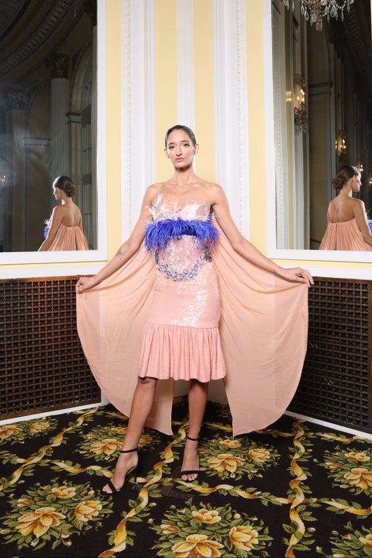 Pink Sequin w/Purple Feathers Cocktail Dress