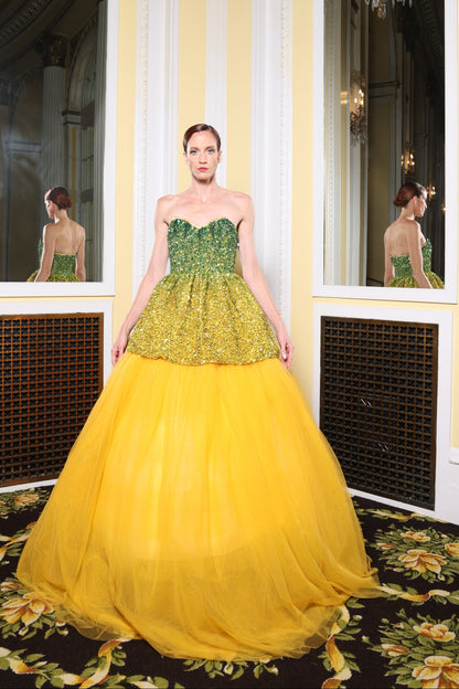 Yellow/Green Beaded Peplum Ballgown