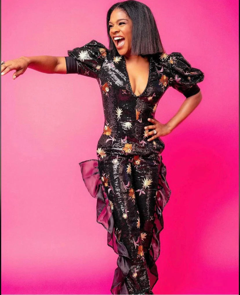 Black Sequin Jumpsuit w/Puff Sleeves