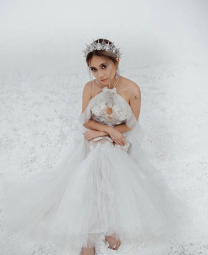 White Sheer Floral Ruffled Mermaid Gown w/Rhinestones