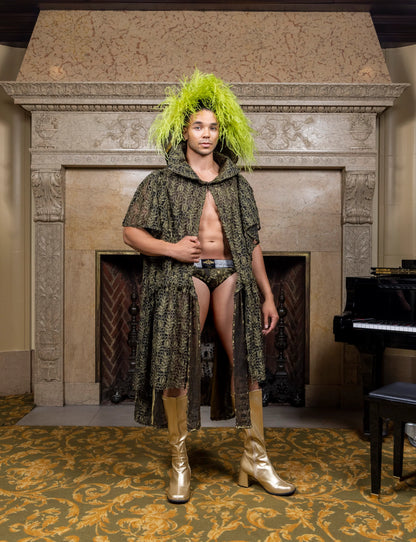 Olive Green/Gold Embroidered Black Mesh Cape