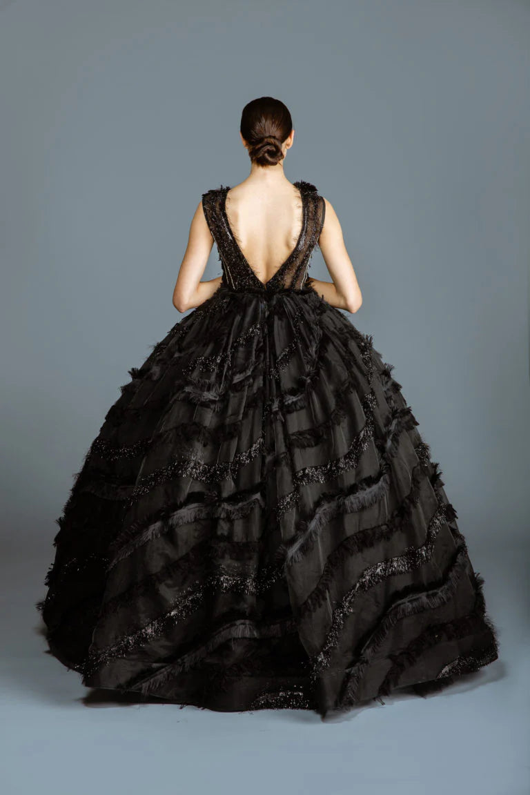 Black Fringe Sheer Full Gown