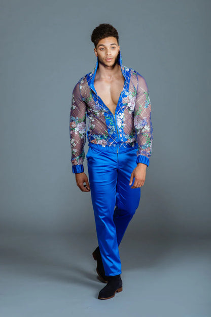 SOLD! Blue Satin Floral Two-Piece Suit